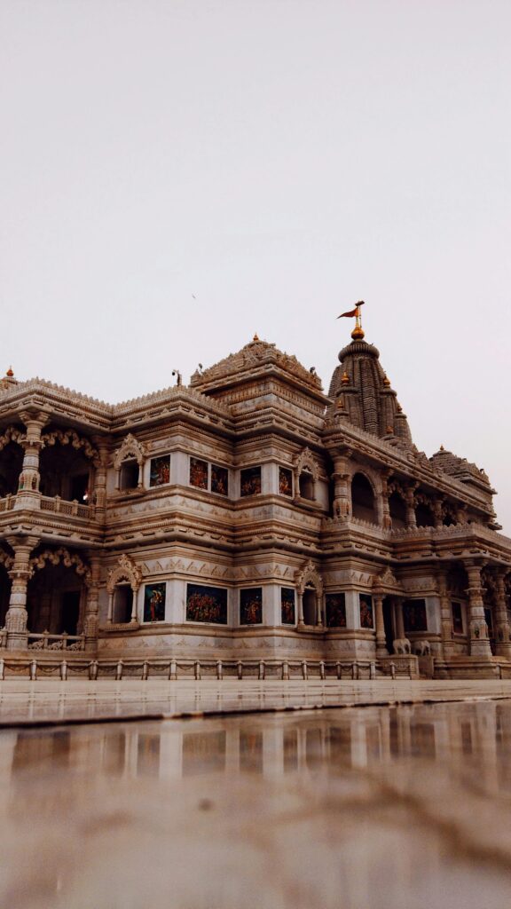 Elegant architecture of Prem Mandir captured in Mathura, showcasing intricate designs and cultural heritage.